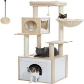 PETEPELA 56.7" Cat Tree with Litter Box Enclosure Large, Wood Cat Tower for Indoor Cats with Storage Cabinet and Cozy Cat Condo, Sisal Covered Scratching Post and Repalcable Dangling Balls, Beige
