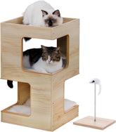 Cat Condo Small Modern Cat Tree for Indoor Cats, 23.6" Wood Cat Furniture, Cat Tower with Free Cat Toy, Scratching Pad and Removable Soft Mats for Kitten Beige