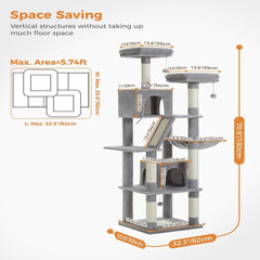 PAWZ Road 180cm Large Cat Tree for Indoor Cats, Multi-Level Cat Tower Cat Scratching Post with 2 Perches, 2 Condos, Hammock and 2 Pompoms Grey4