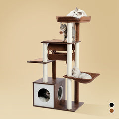 51.4-inch modern cat tree high-quality 6-story wooden cat tower, equipped with fully sisal covered grab posts, comfortable apartments, spacious habitats, oversized hammocks, and swing tunnels, suitable for indoor cats