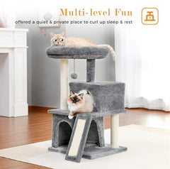 34 Inches Cat Tree Multilevel Cat Tower with Double Condos, Spacious Perch, Fully Wrapped Scratching Sisal Post and Replaceable Dangling Balls Gray1