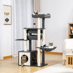 51.4-inch modern cat tree high-quality 6-story wooden cat tower, equipped with fully sisal covered grab posts, comfortable apartments, spacious habitats, oversized hammocks, and swing tunnels, suitable for indoor cats