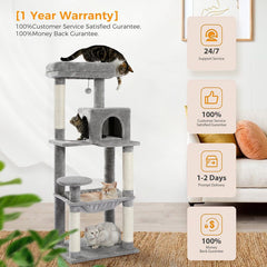 56.3'' Tall Cat Tree for Indoor Cats, Multi-Level Cat Tower with Super Large Hammock , Sisal Covered Scratching Posts, Cozy Condo and Top Perch Grey,color:beige