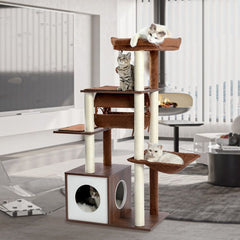 51.4-inch modern cat tree high-quality 6-story wooden cat tower, equipped with fully sisal covered grab posts, comfortable apartments, spacious habitats, oversized hammocks, and swing tunnels, suitable for indoor cats