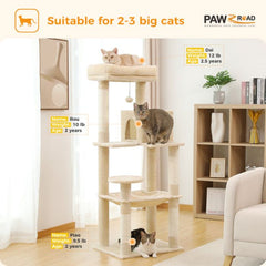 56.3'' Tall Cat Tree for Indoor Cats, Multi-Level Cat Tower with Super Large Hammock , Sisal Covered Scratching Posts, Cozy Condo and Top Perch Grey,color:beige