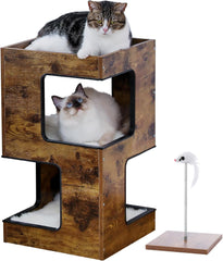 Cat Condo Small Modern Cat Tree for Indoor Cats, 23.6" Wood Cat Furniture, Cat Tower with Free Cat Toy, Scratching Pad and Removable Soft Mats for Kitten Beige