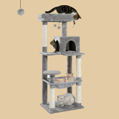 56.3'' Tall Cat Tree for Indoor Cats, Multi-Level Cat Tower with Super Large Hammock , Sisal Covered Scratching Posts, Cozy Condo and Top Perch Grey,color:beige