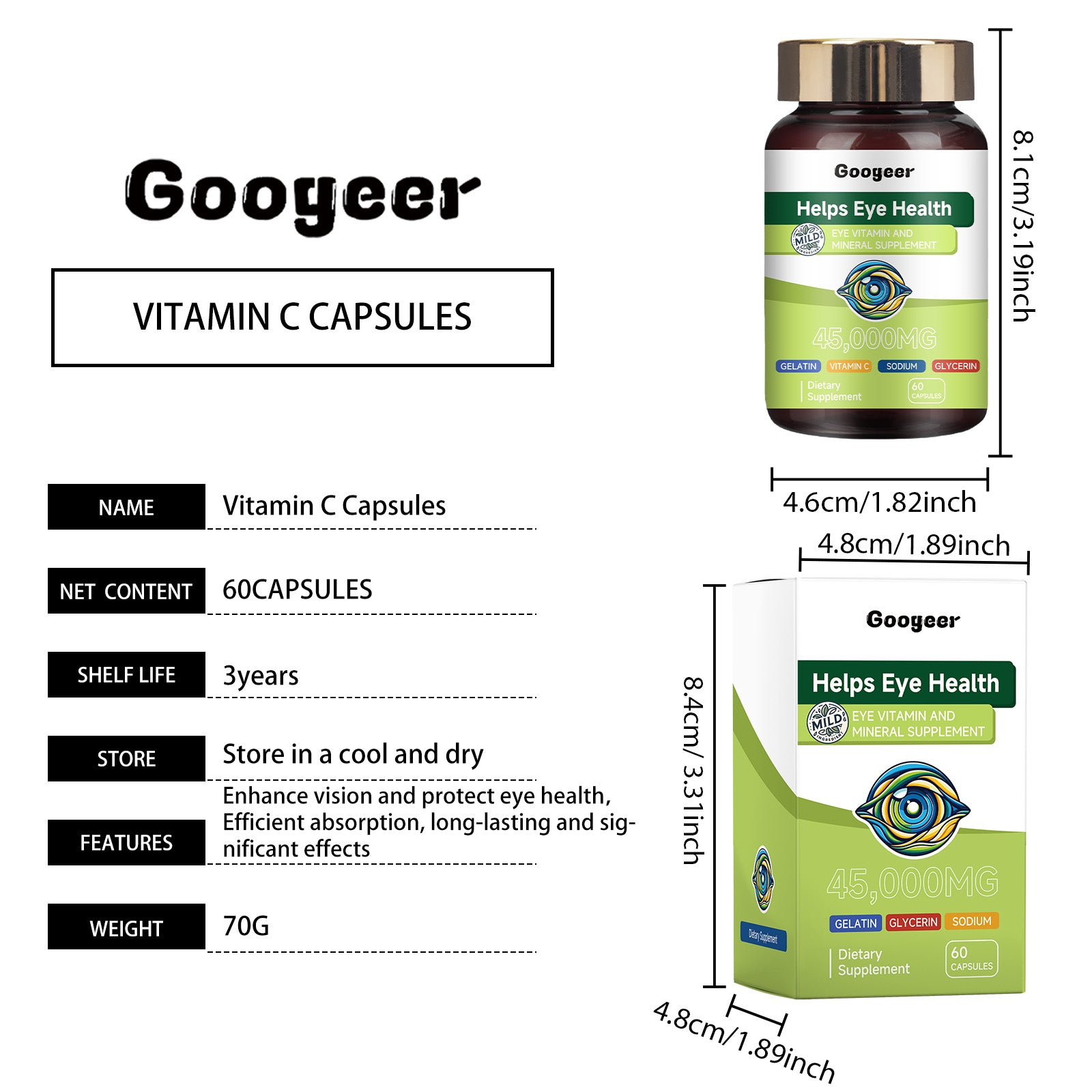 Googeer Vitamin & Mineral Supplement Capsules Vitamin C Capsules Body Treatment