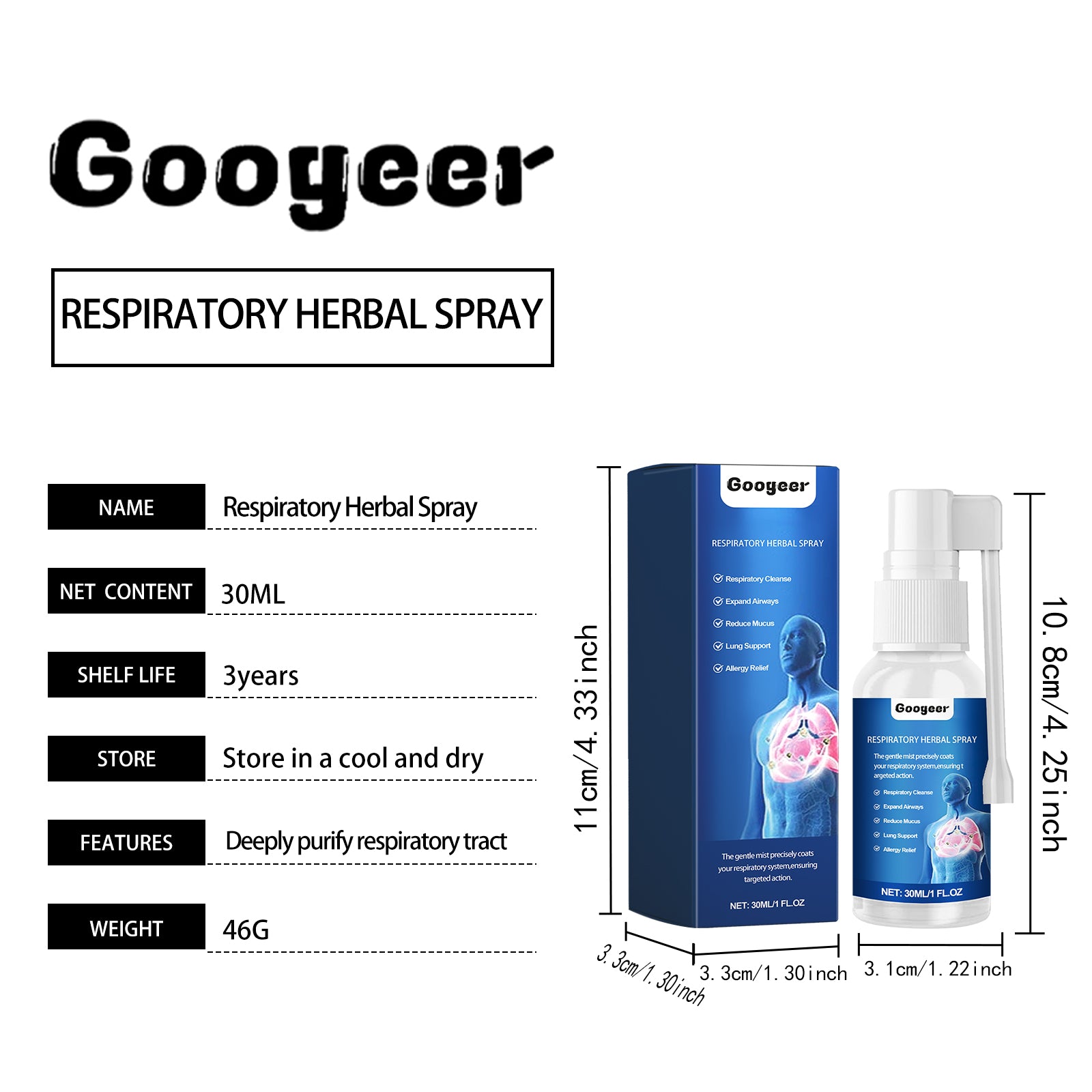 Googeer Herbal Spray Relieve Dry Throat, Cough, Phlegm, Respiratory Congestion Throat Care Spray
