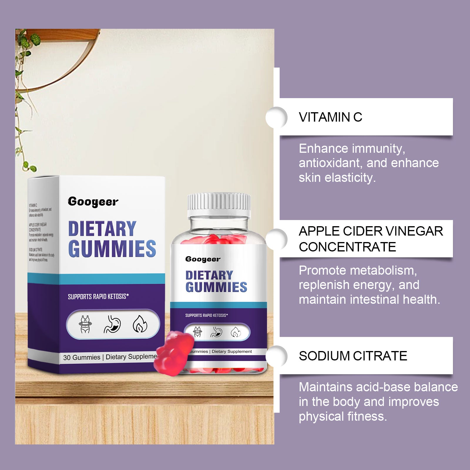 Googeer Apple Cider Vinegar Dietary Supplement Gummies Vitamin Supplement, Immune Boost, Apple Cider Vinegar Taste