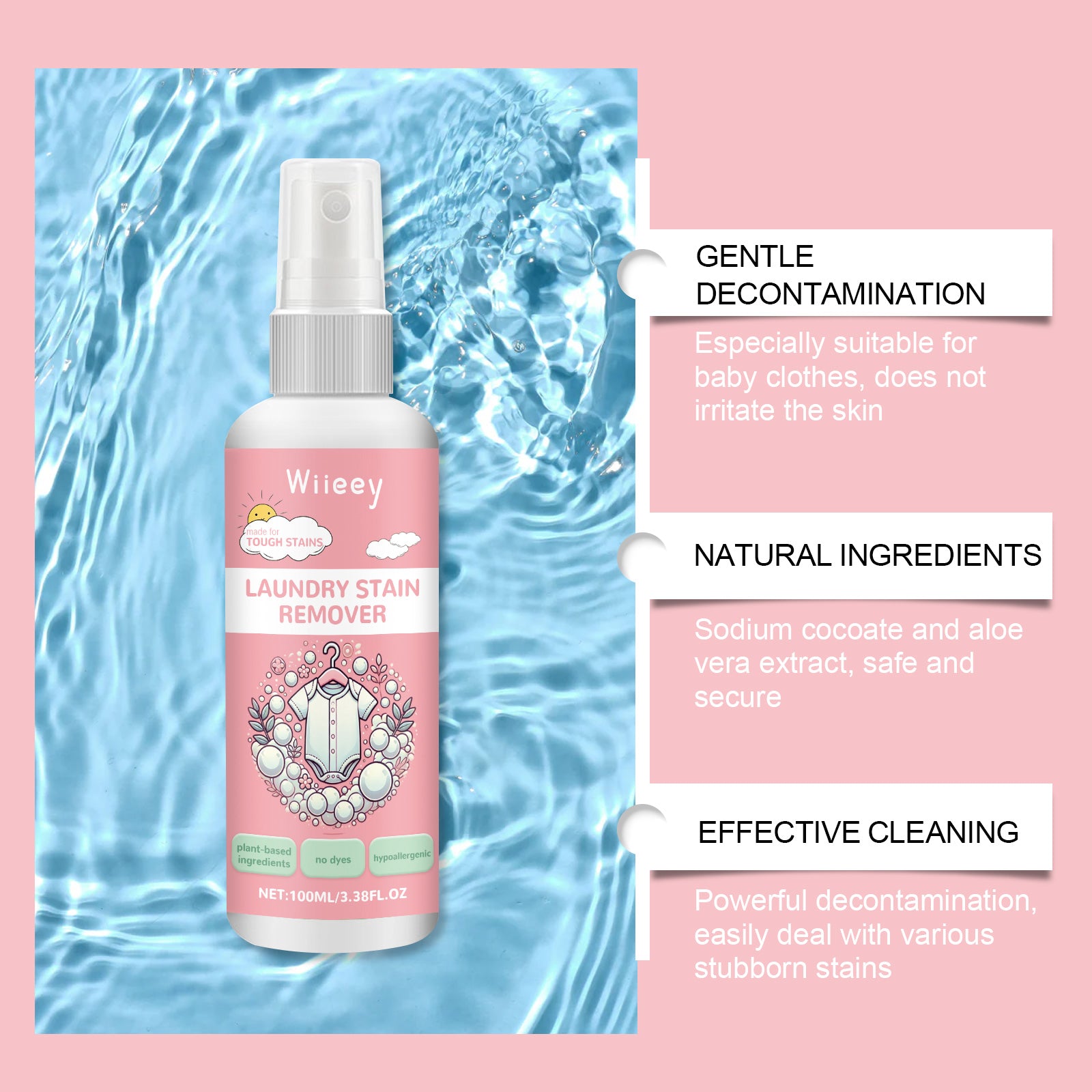 Wiieey Baby Clothes Stain Remover, Gentle Formula for Deep Cleaning and Softening Baby Clothes