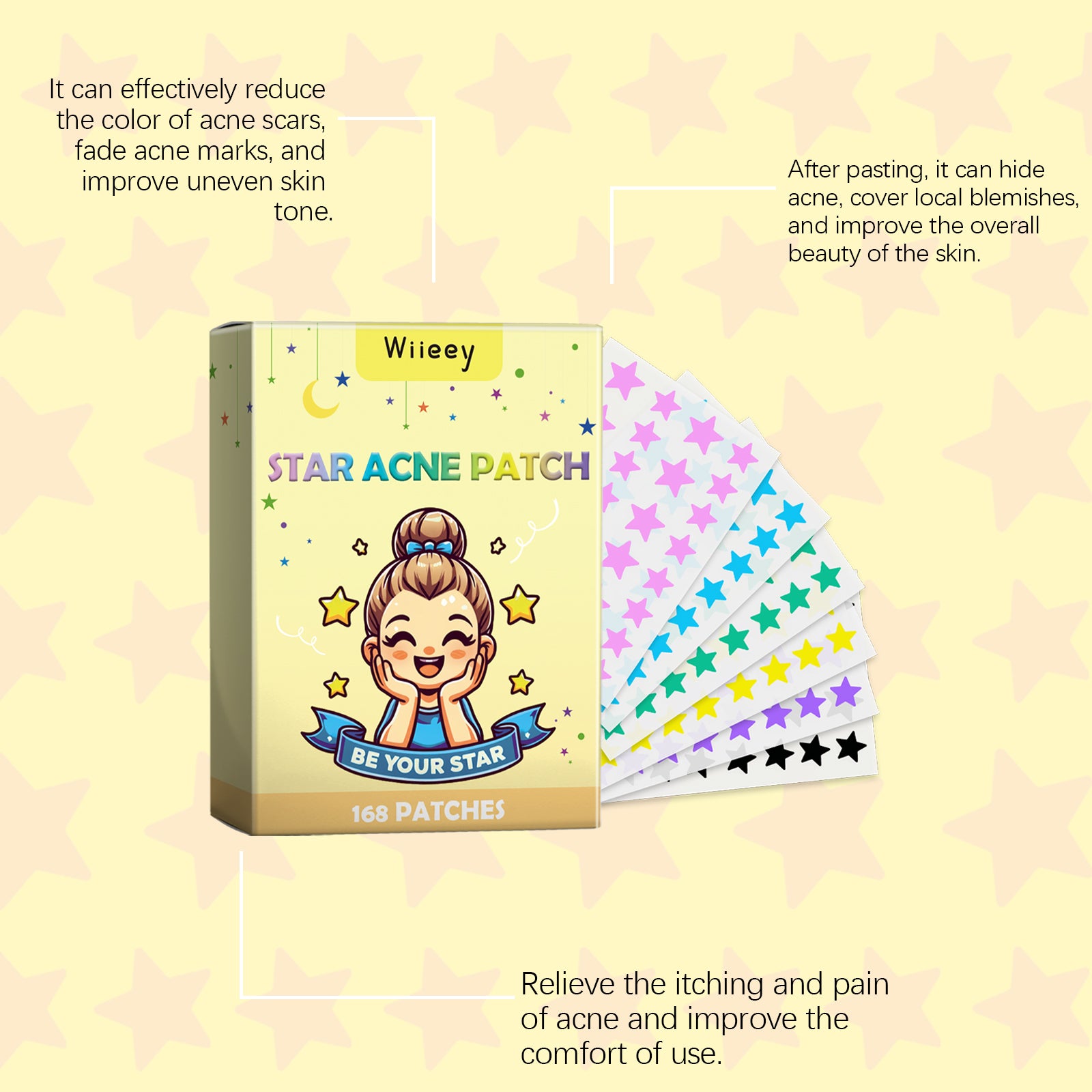 Wiieey Star Acne Patch, Helps Reduce Acne and Acne Scars, Cleanses Closed Comedones, and Portable Cartoon Design