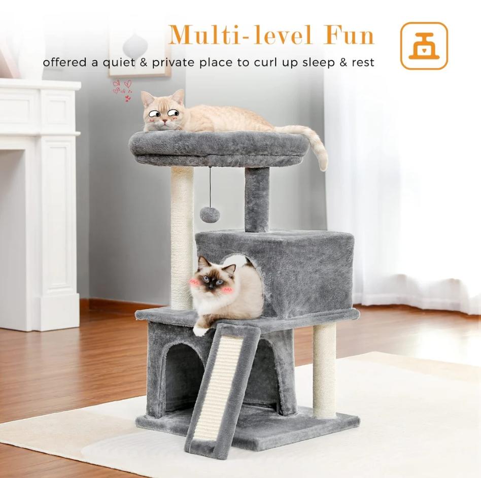 34 Inches Cat Tree Multilevel Cat Tower with Double Condos, Spacious Perch, Fully Wrapped Scratching Sisal Post and Replaceable Dangling Balls Gray2