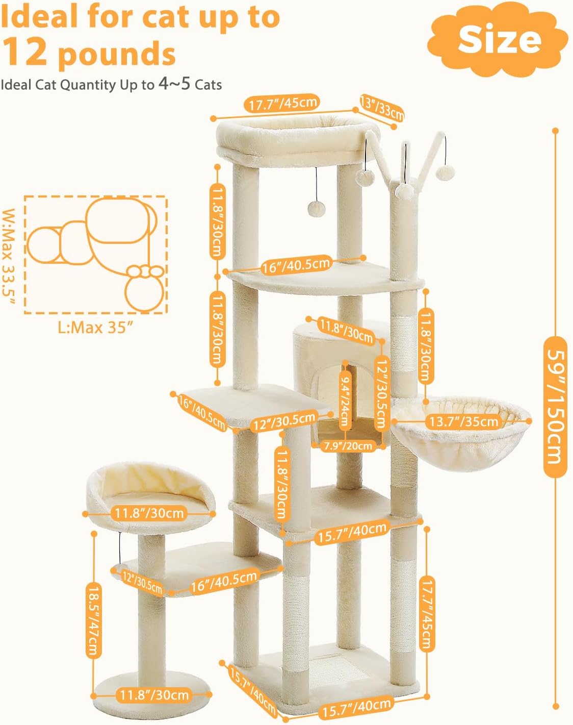 59" Cat Tree, Cat Tower for Large Cats, Multi-Level Cat Tower with 3 Removable Pompom Sticks, Cat Tree for Indoor Cats, Cat Condo with Large Hammock, Scratching Post, and 2 Perches, Beige1