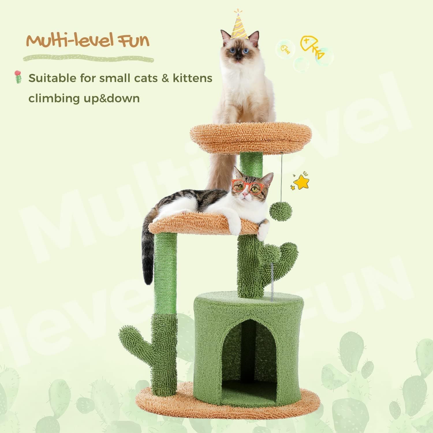 PAWZ Road 41 Inches Cactus Cat Tower with Sisal Covered Scratching Post and Cozy Condo for Indoor Cats, Cat Climbing Stand with Plush Perch &Soft Hammock for Multi-Level Cat Play House