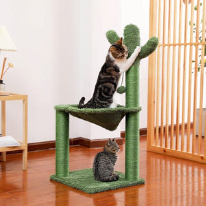 Cactus Cat Tree 40" Cat Tower with Large Metal Carpet Hammock, Cat Scratching Post for Indoor Cats with Condo& Dangling Ball, Green