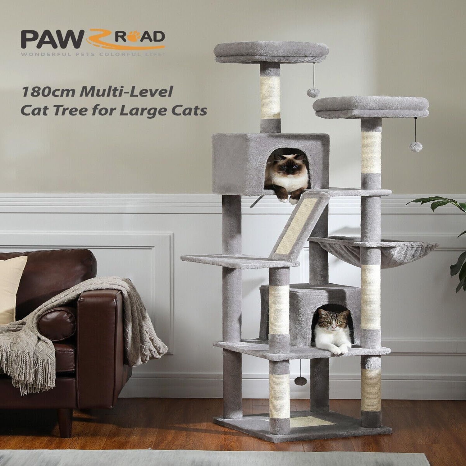 PAWZ Road 180cm Large Cat Tree for Indoor Cats, Multi-Level Cat Tower Cat Scratching Post with 2 Perches, 2 Condos, Hammock and 2 Pompoms Grey2