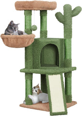 PAWZ Road 41 Inches Cactus Cat Tower with Sisal Covered Scratching Post and Cozy Condo for Indoor Cats, Cat Climbing Stand with Plush Perch &Soft Hammock for Multi-Level Cat Play House
