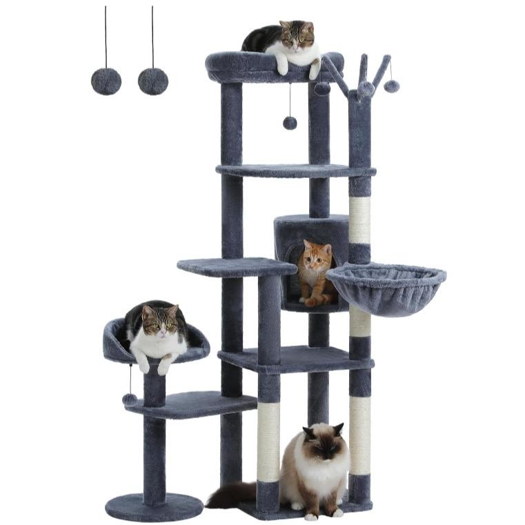 59" Cat Tree, Cat Tower for Large Cats, Multi-Level Cat Tower with 3 Removable Pompom Sticks, Cat Tree for Indoor Cats, Cat Condo with Large Hammock, Scratching Post, and 2 Perches, Beige1