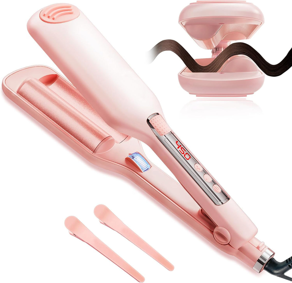 Anti Scald Hair Crimper,2 Barrel Ionic Wavy Hair Curler for Women,1.1in 28MM Rapid Heating Curling Wand, Hair Waver,Crimper Hair Iron for Wide Deep Waves Silicone Adjustab