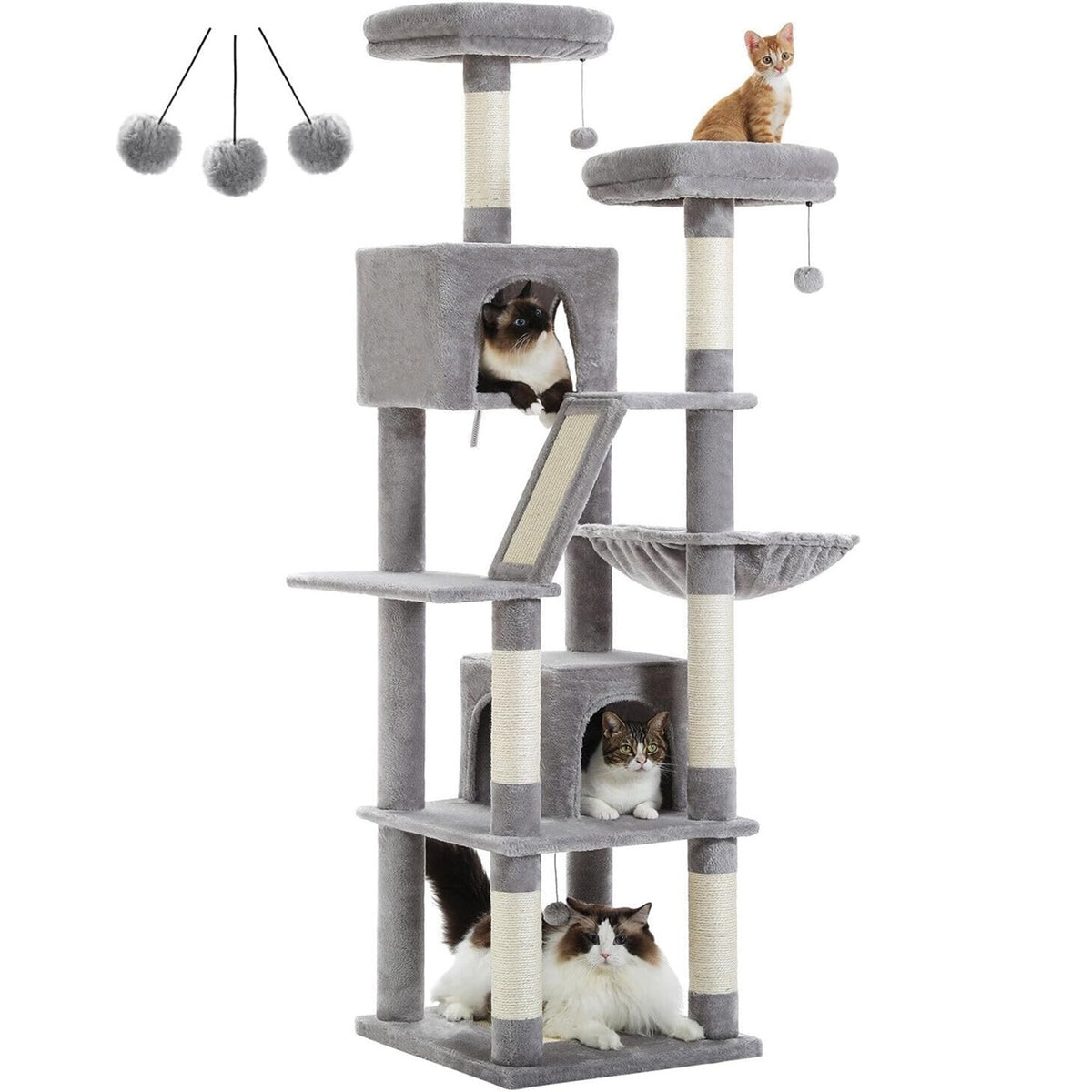 PAWZ Road 180cm Large Cat Tree for Indoor Cats, Multi-Level Cat Tower Cat Scratching Post with 2 Perches, 2 Condos, Hammock and 2 Pompoms Grey1