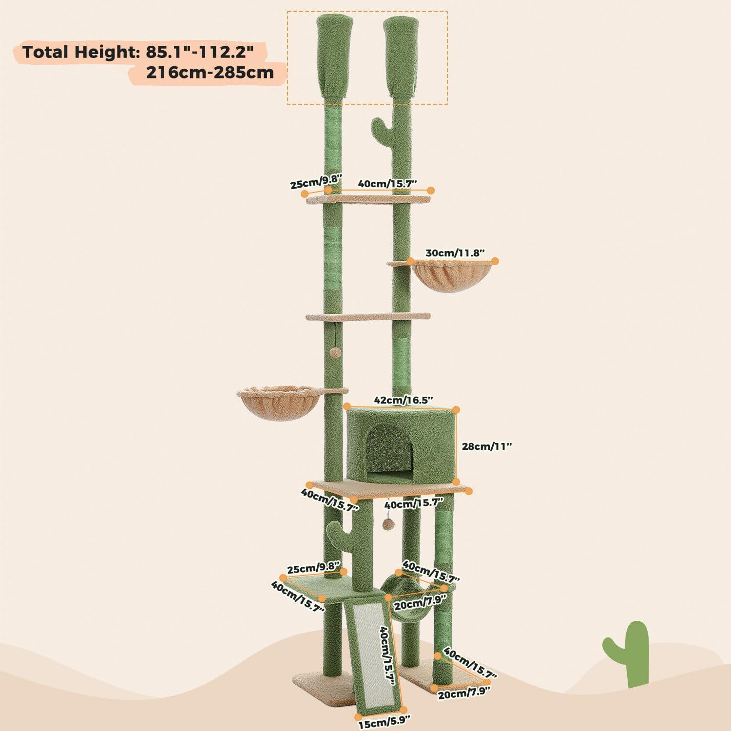 Cat Tree Floor Standing Cat Tower, Adjustable Height (85-112"), 7-Level Climbing Activity Center with Cozy Hammock, 5 Platforms and Indoor Scratching Post1
