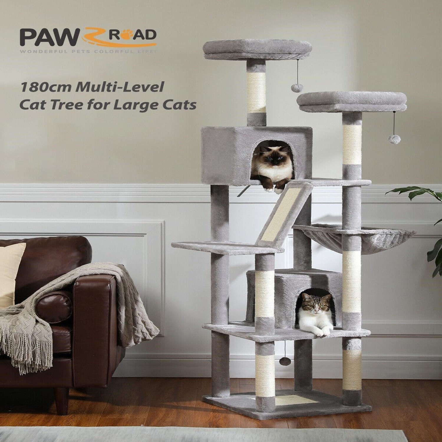 PAWZ Road 180cm Large Cat Tree for Indoor Cats, Multi-Level Cat Tower Cat Scratching Post with 2 Perches, 2 Condos, Hammock and 2 Pompoms Grey3