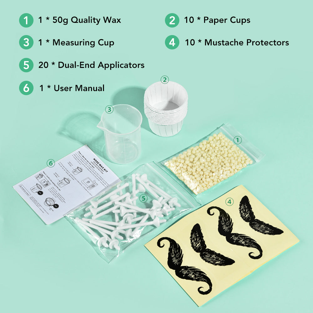 Nose Wax Kit for Men Women,Eyebrows Ears Lips Facial Nose Removal Waxing Kit with 1.76oz Wax 20 Applicators 10 Paper Cups 8 Moustache Protectors & 1 Measuring Cup