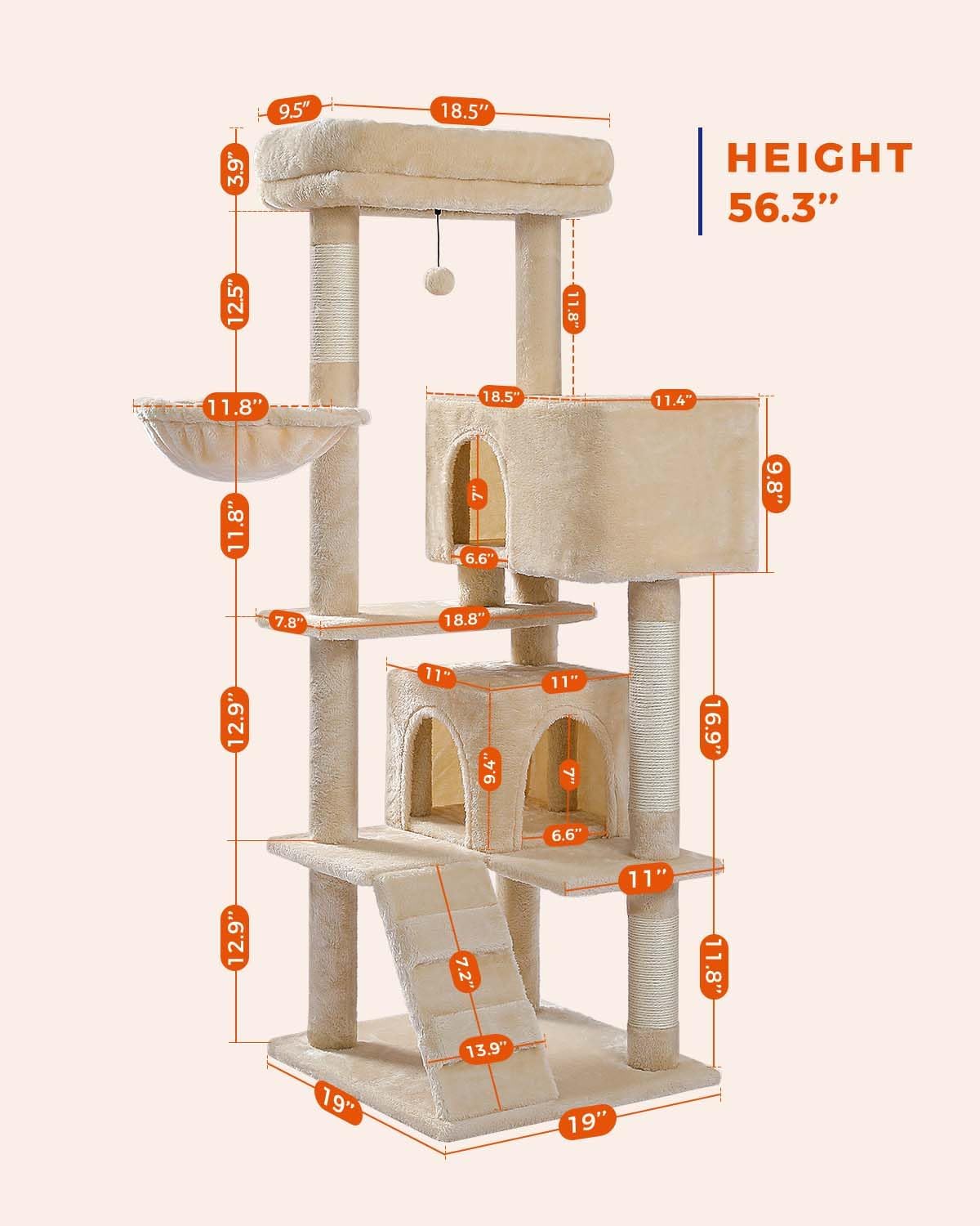 Cat Tree for Large Cats Adult with Super Large Top Perch, 56.3" Cat Tower for Large Cats with Plush Hammock, Cat Shelves and Dangling Pompom, Cat Scratching Posts and 2 Condos Houses, scratching pads & posts2