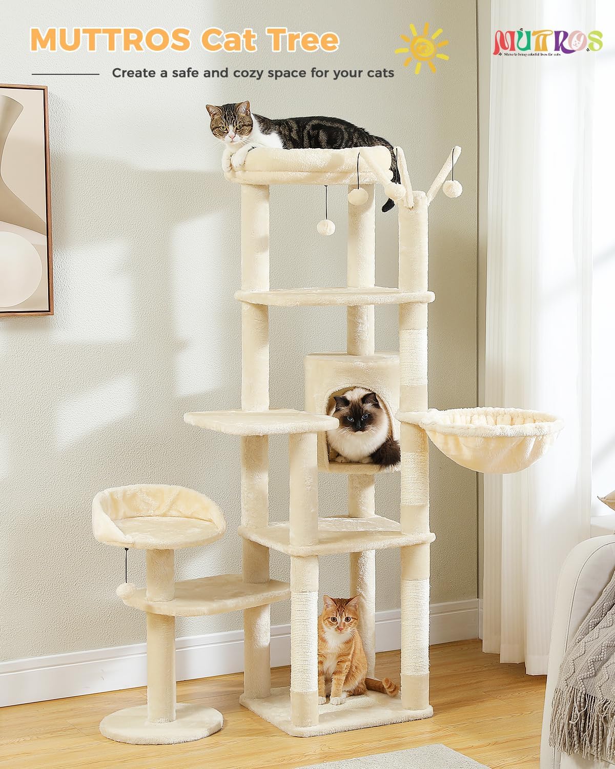 59" Cat Tree, Cat Tower for Large Cats, Multi-Level Cat Tower with 3 Removable Pompom Sticks, Cat Tree for Indoor Cats, Cat Condo with Large Hammock, Scratching Post, and 2 Perches, Beige1