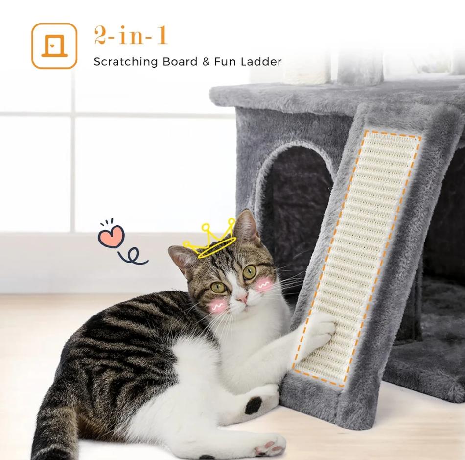 34 Inches Cat Tree Multilevel Cat Tower with Double Condos, Spacious Perch, Fully Wrapped Scratching Sisal Post and Replaceable Dangling Balls Gray2