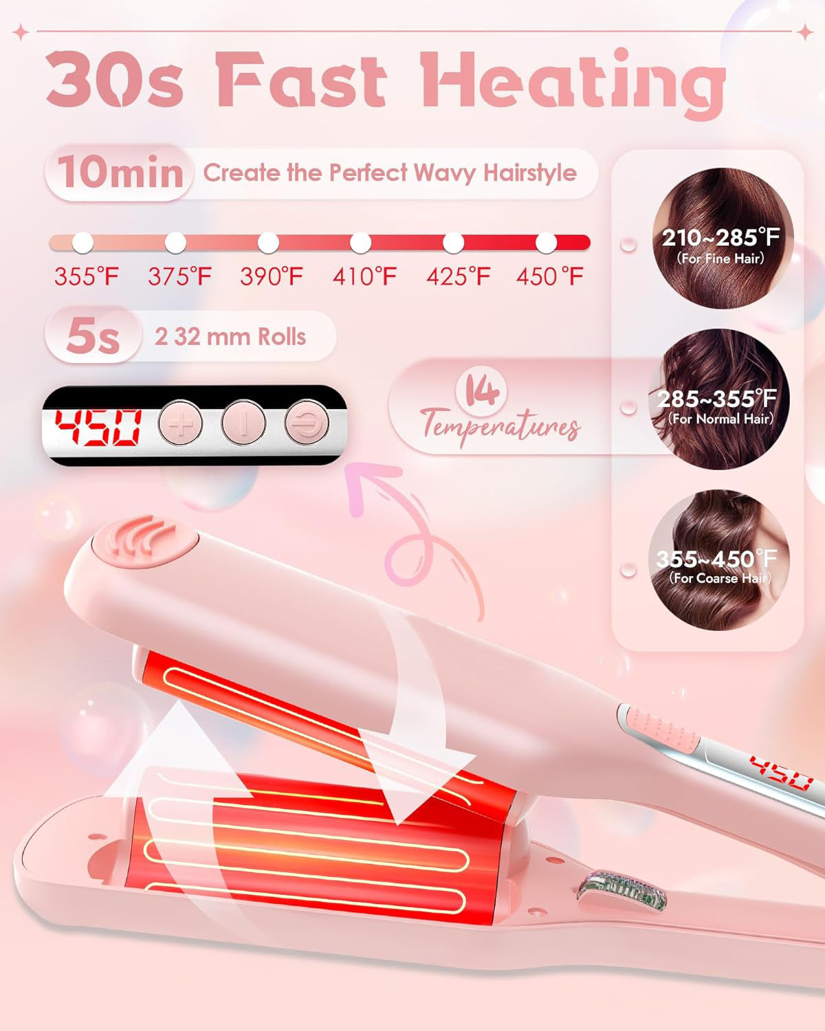 Anti Scald Hair Crimper,2 Barrel Ionic Wavy Hair Curler for Women,1.1in 28MM Rapid Heating Curling Wand, Hair Waver,Crimper Hair Iron for Wide Deep Waves Silicone Adjustab