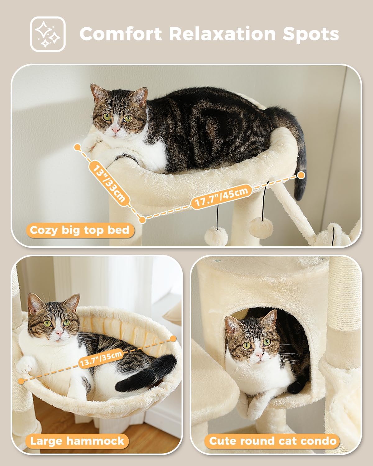 59" Cat Tree, Cat Tower for Large Cats, Multi-Level Cat Tower with 3 Removable Pompom Sticks, Cat Tree for Indoor Cats, Cat Condo with Large Hammock, Scratching Post, and 2 Perches, Beige2