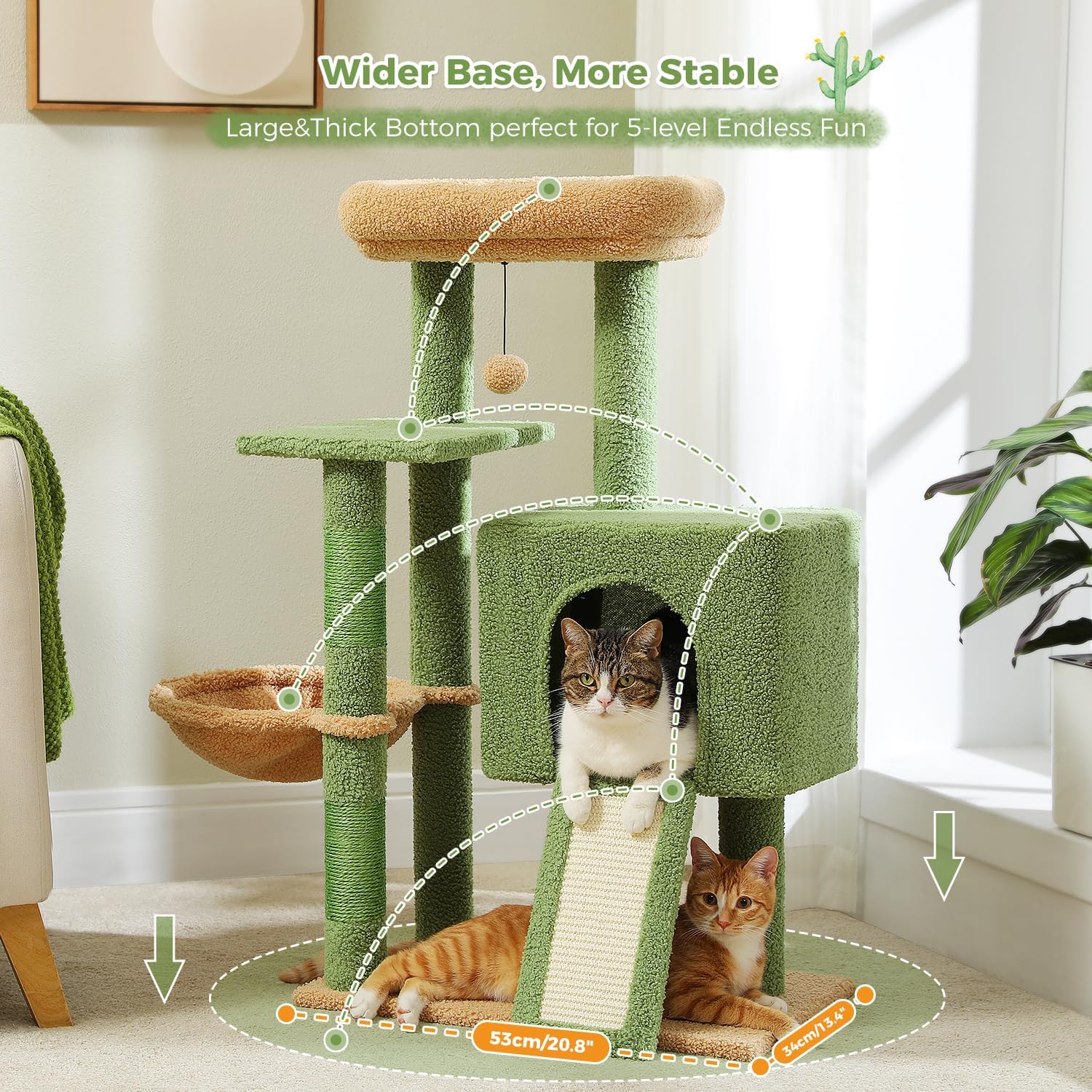 PAWZ Road 41 Inches Cactus Cat Tower with Sisal Covered Scratching Post and Cozy Condo for Indoor Cats, Cat Climbing Stand with Plush Perch &Soft Hammock for Multi-Level Cat Play House