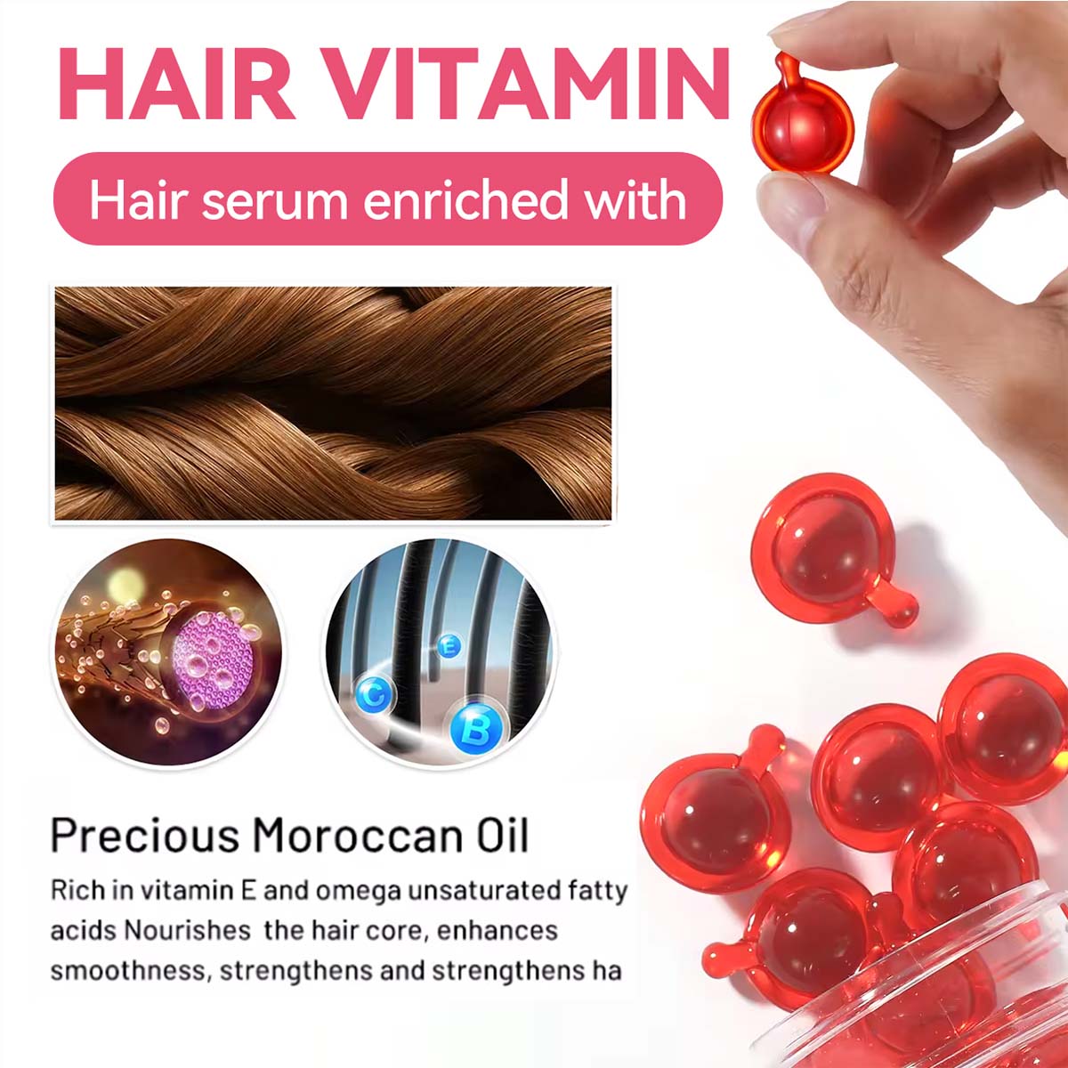 Hair care serum capsule 40 tablets, women's and men's hair vitamin serum, no rinse with trunk, Hawaiian avocado oil, moisturizes, smoothes and repairs