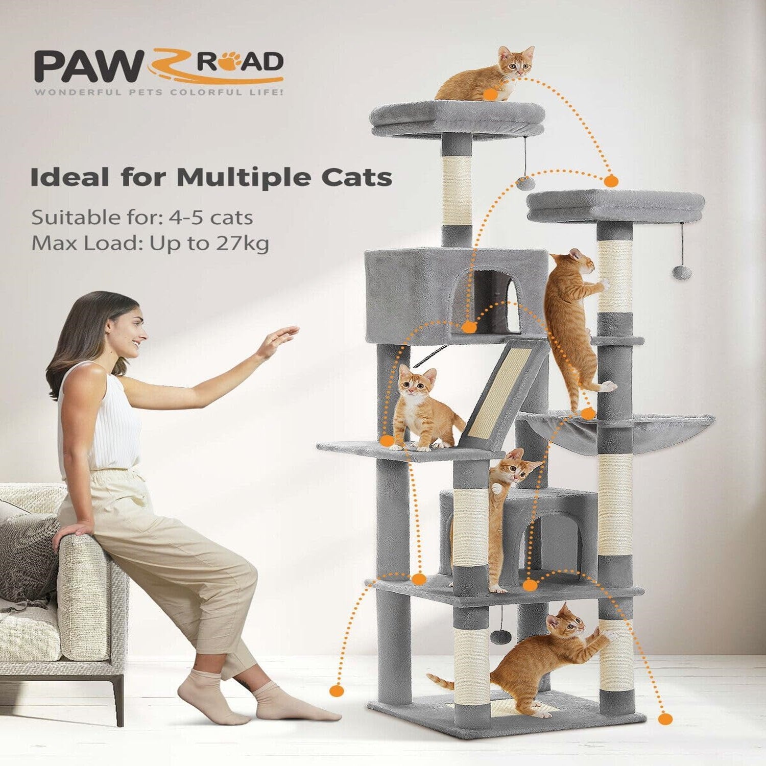 PAWZ Road 180cm Large Cat Tree for Indoor Cats, Multi-Level Cat Tower Cat Scratching Post with 2 Perches, 2 Condos, Hammock and 2 Pompoms Grey1