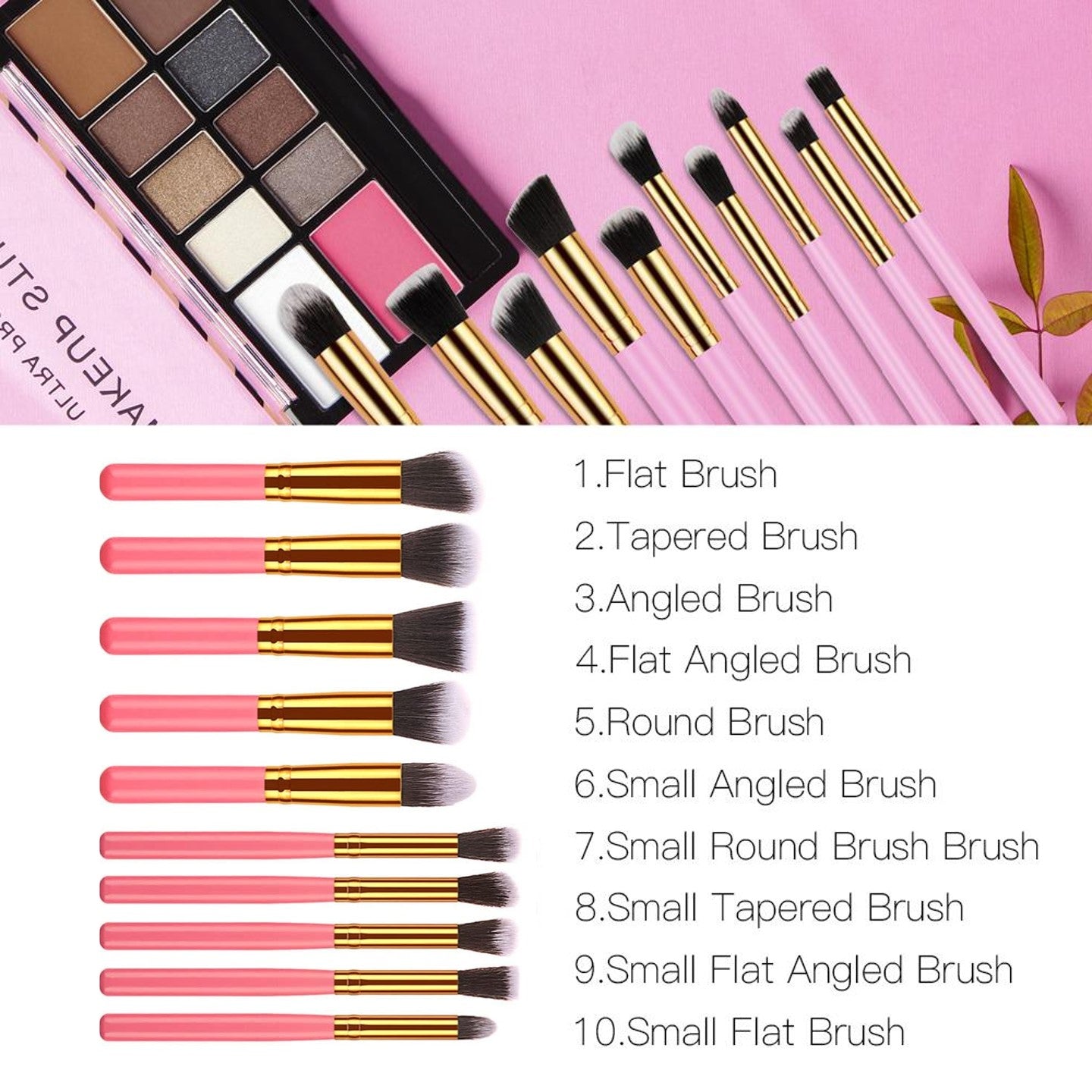 10 Pcs Travel Set Mini Makeup Brush Set (Pink Gold)