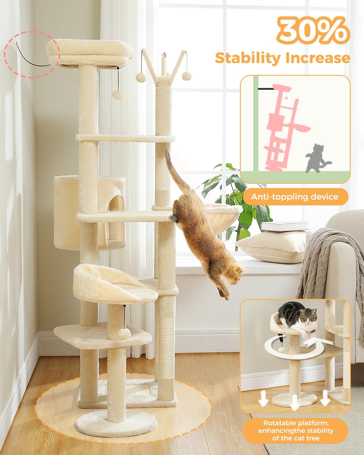 59" Cat Tree, Cat Tower for Large Cats, Multi-Level Cat Tower with 3 Removable Pompom Sticks, Cat Tree for Indoor Cats, Cat Condo with Large Hammock, Scratching Post, and 2 Perches, Beige3