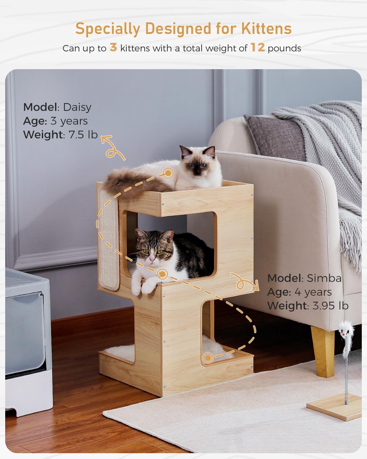 Cat Condo Small Modern Cat Tree for Indoor Cats, 23.6" Wood Cat Furniture, Cat Tower with Free Cat Toy, Scratching Pad and Removable Soft Mats for Kitten Beige