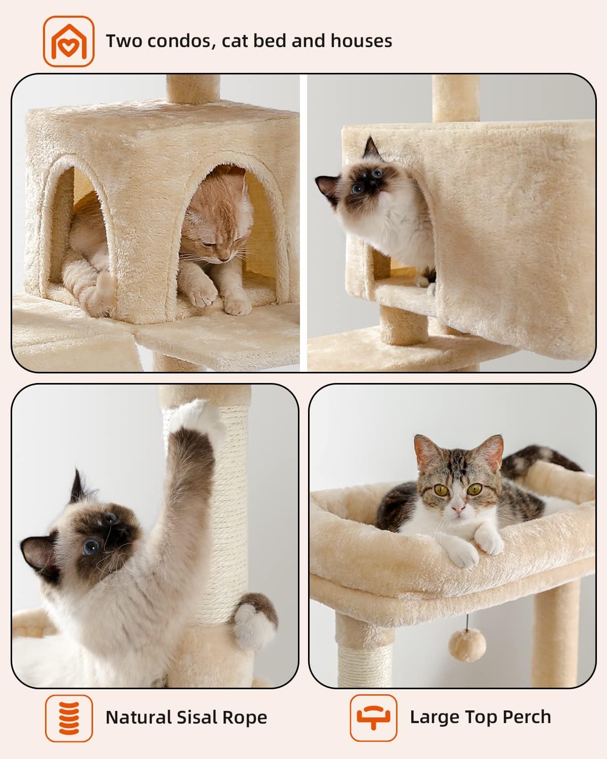 Cat Tree for Large Cats Adult with Super Large Top Perch, 56.3" Cat Tower for Large Cats with Plush Hammock, Cat Shelves and Dangling Pompom, Cat Scratching Posts and 2 Condos Houses, scratching pads & posts1
