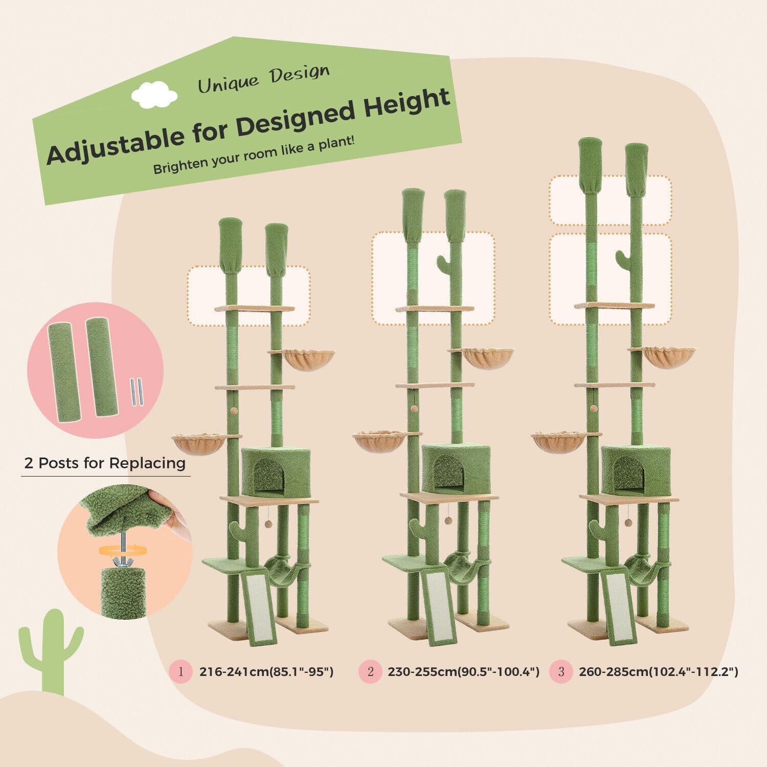 Cat Tree Floor Standing Cat Tower, Adjustable Height (85-112"), 7-Level Climbing Activity Center with Cozy Hammock, 5 Platforms and Indoor Scratching Post1