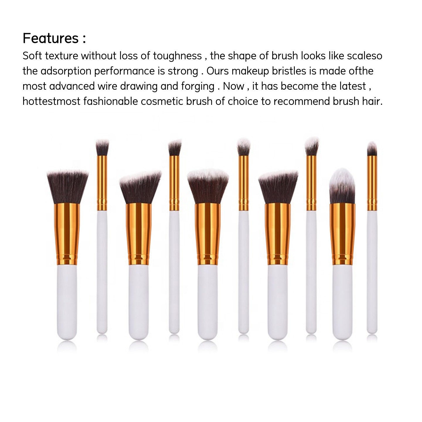 10 Pcs Makeup Brushes Set for Travel Set Synthesized (White Glod)