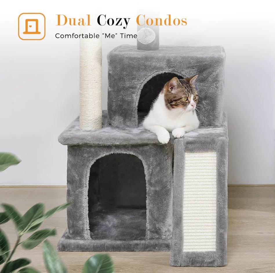 34 Inches Cat Tree Multilevel Cat Tower with Double Condos, Spacious Perch, Fully Wrapped Scratching Sisal Post and Replaceable Dangling Balls Gray2