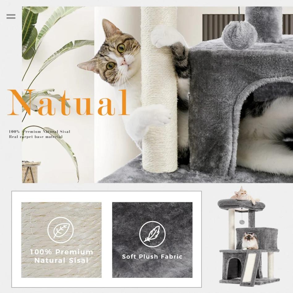 34 Inches Cat Tree Multilevel Cat Tower with Double Condos, Spacious Perch, Fully Wrapped Scratching Sisal Post and Replaceable Dangling Balls Gray2