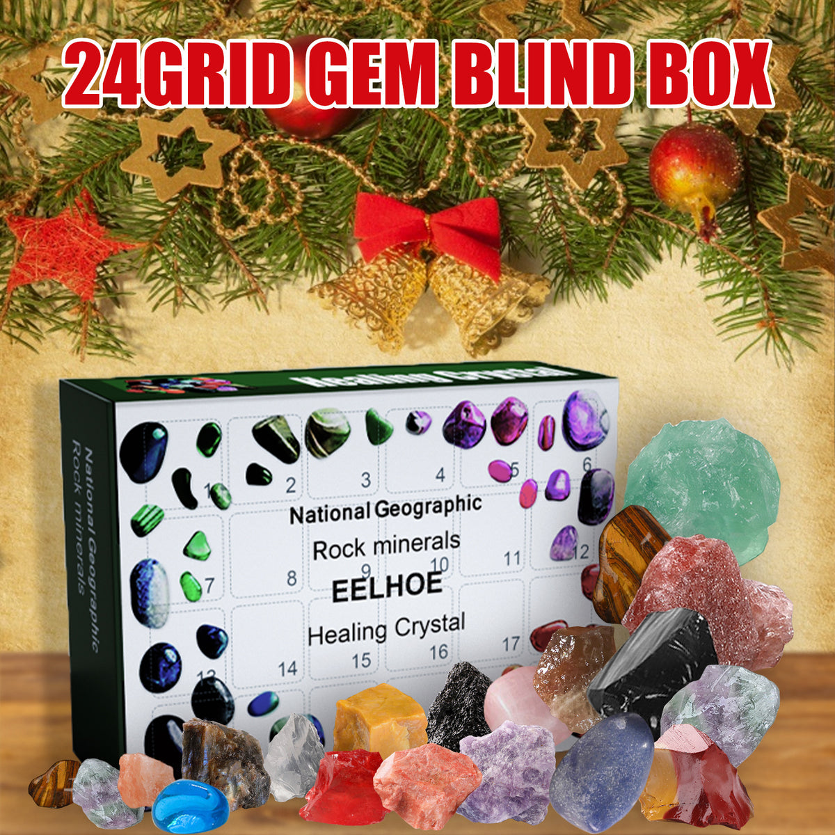 EELHOE 24-Grid Mineral Ore Surprise Box - Green Christmas Guessing Game Gift Box
