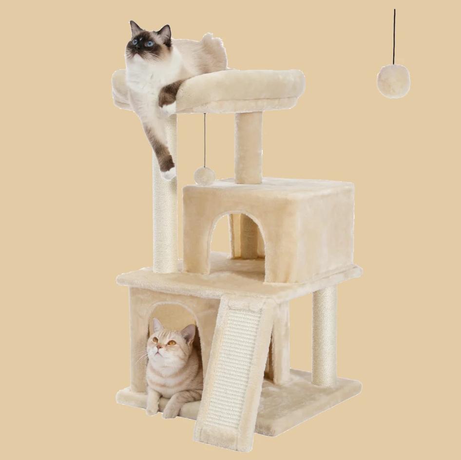 34 Inches Cat Tree Multilevel Cat Tower with Double Condos, Spacious Perch, Fully Wrapped Scratching Sisal Post and Replaceable Dangling Balls Gray2