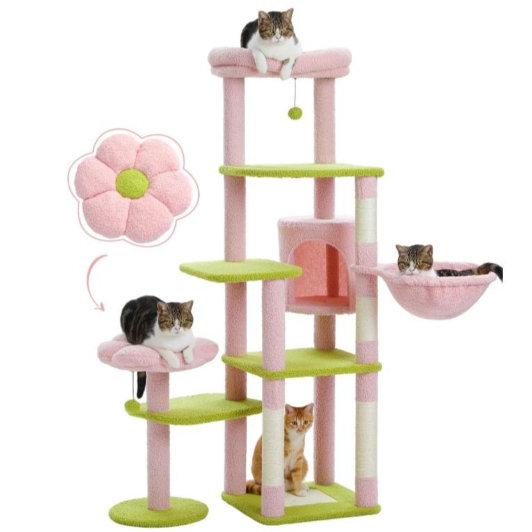 59" Cat Tree, Cat Tower for Large Cats, Multi-Level Cat Tower with 3 Removable Pompom Sticks, Cat Tree for Indoor Cats, Cat Condo with Large Hammock, Scratching Post, and 2 Perches, Beige3