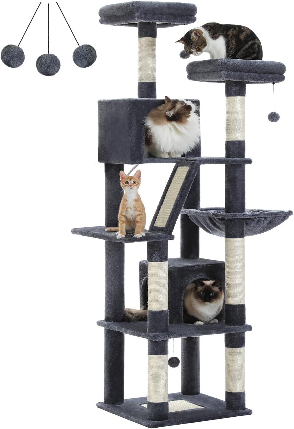 PAWZ Road 180cm Large Cat Tree for Indoor Cats, Multi-Level Cat Tower Cat Scratching Post with 2 Perches, 2 Condos, Hammock and 2 Pompoms Grey2
