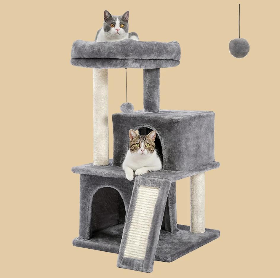 34 Inches Cat Tree Multilevel Cat Tower with Double Condos, Spacious Perch, Fully Wrapped Scratching Sisal Post and Replaceable Dangling Balls Gray2