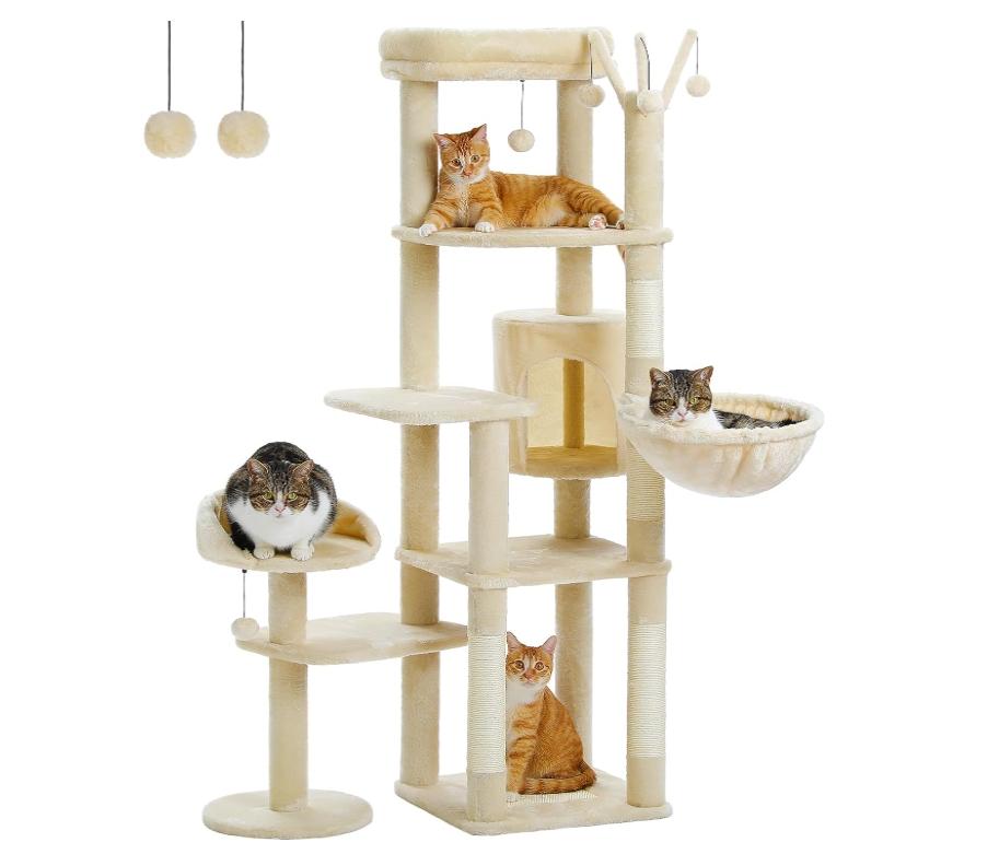 59" Cat Tree, Cat Tower for Large Cats, Multi-Level Cat Tower with 3 Removable Pompom Sticks, Cat Tree for Indoor Cats, Cat Condo with Large Hammock, Scratching Post, and 2 Perches, Beige1